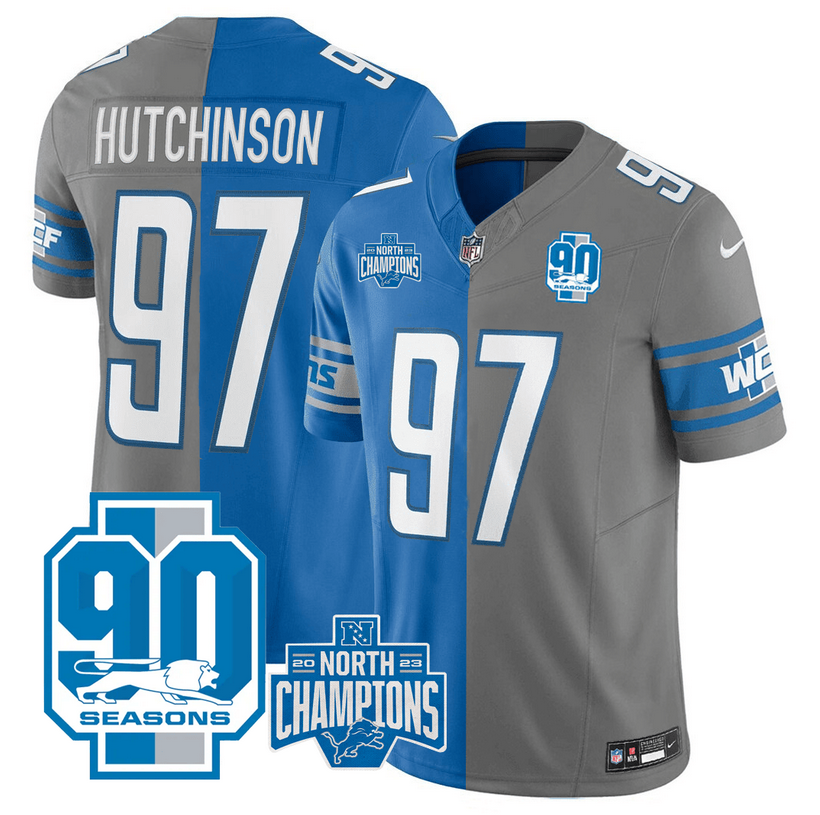 Men's Detroit Lions #97 Aidan Hutchinson Blue/Gray Split 2023 F.U.S.E. 90th Anniversary NFC North Division Champions Vapor Untouchable Limited Stitched Jersey